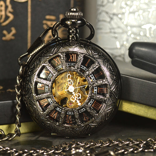 TIEDAN Black Steampunk Skeleton Mechanical Pocket Watch
